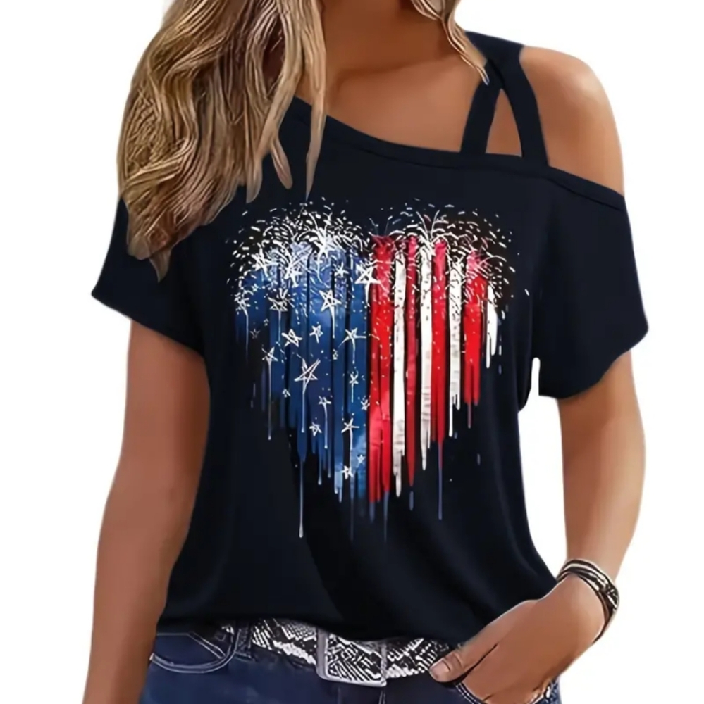 🌞Red white and blue on black cold shoulder top Size L
